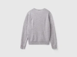 Light gray crew neck cardigan in pure Merino wool