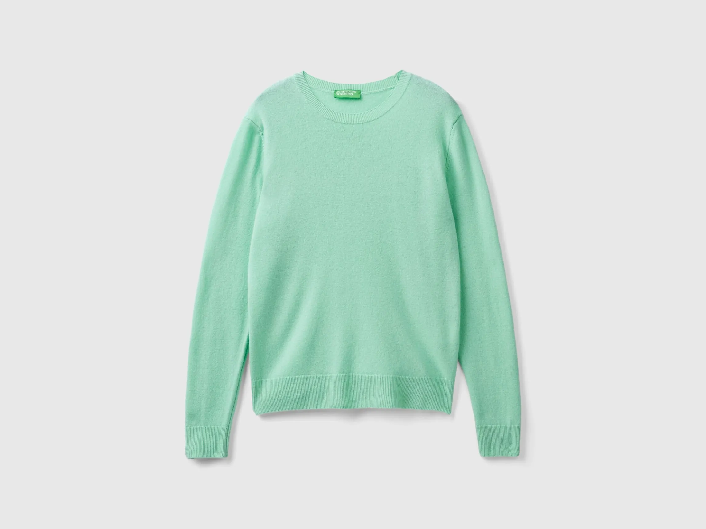 Light teal crew neck sweater in pure Merino wool