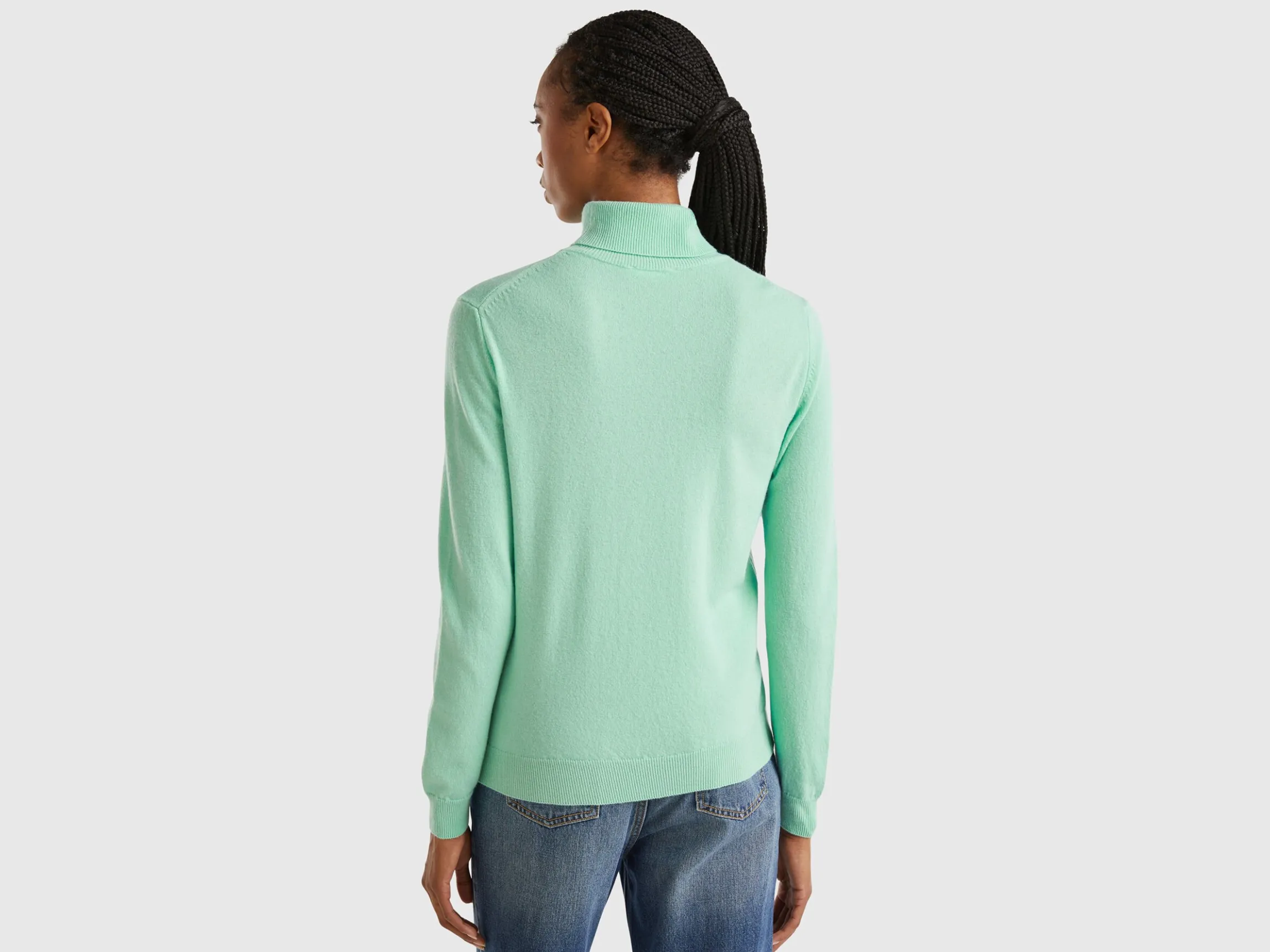 Light teal turtleneck sweater in pure Merino wool