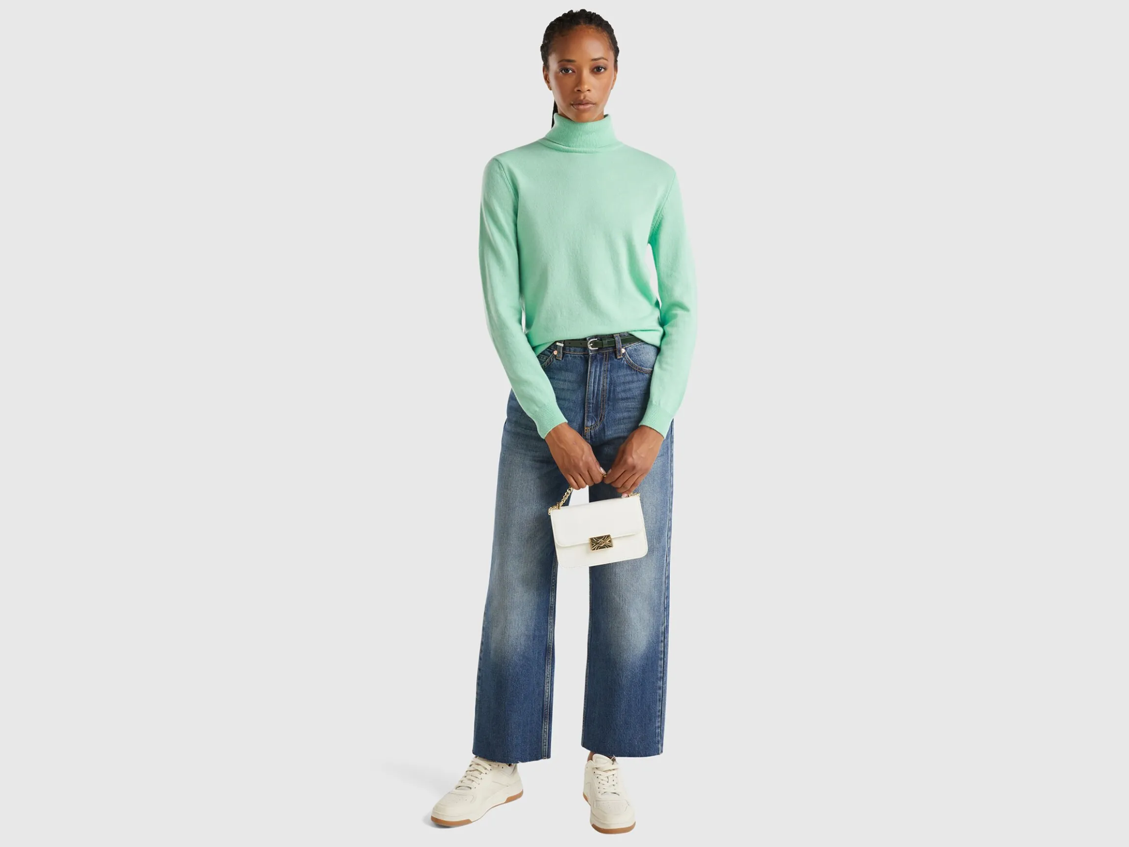 Light teal turtleneck sweater in pure Merino wool