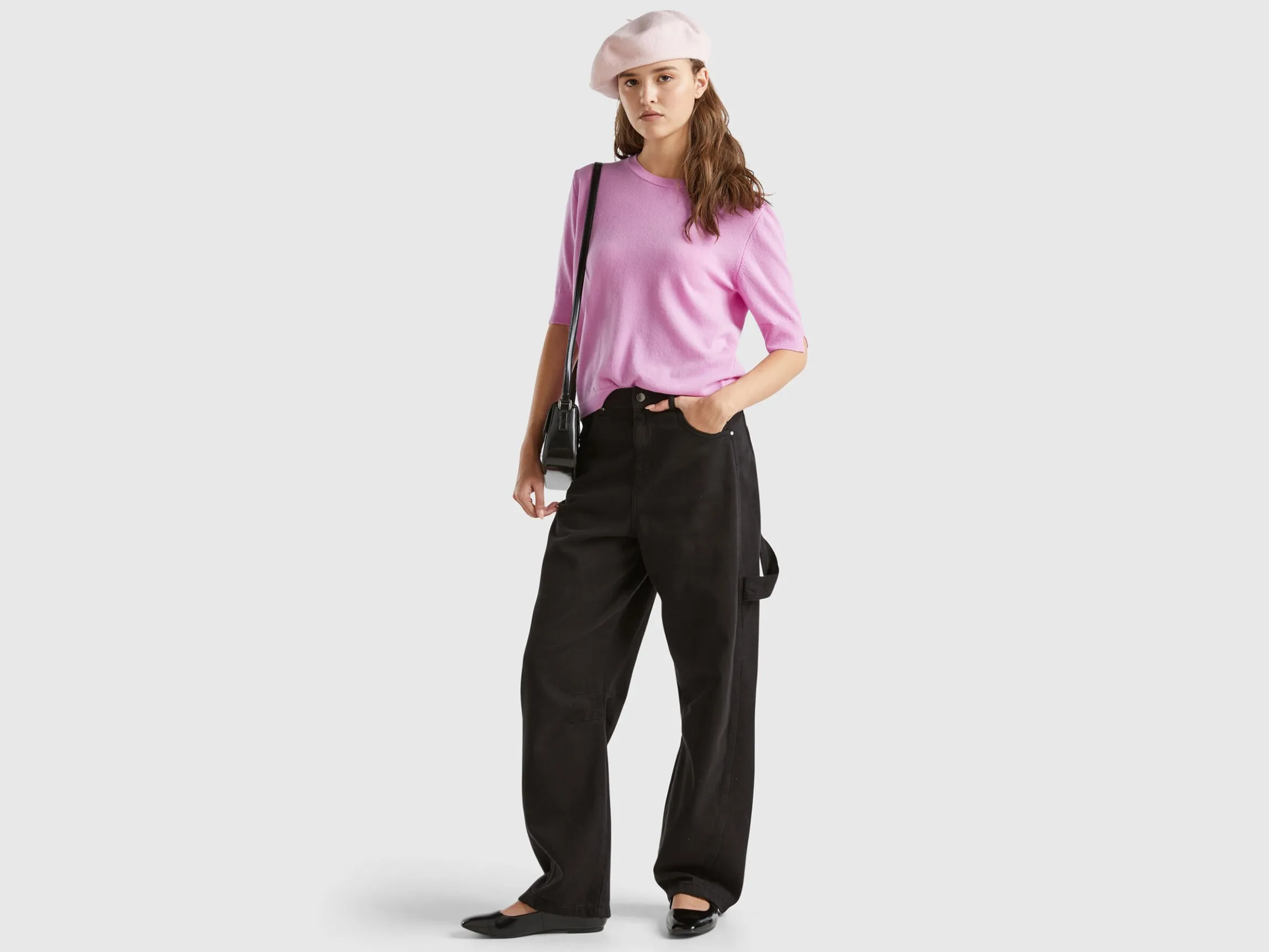 Lilac short sleeve sweater in pure Merino wool