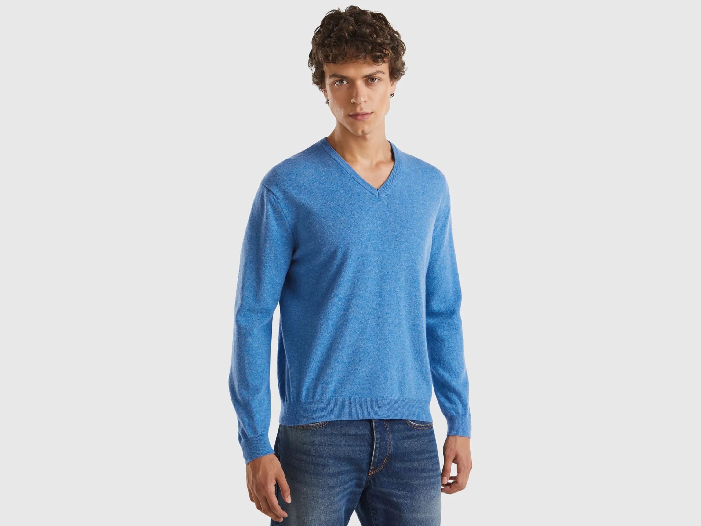 Marl blue V-neck sweater in pure Merino Wool
