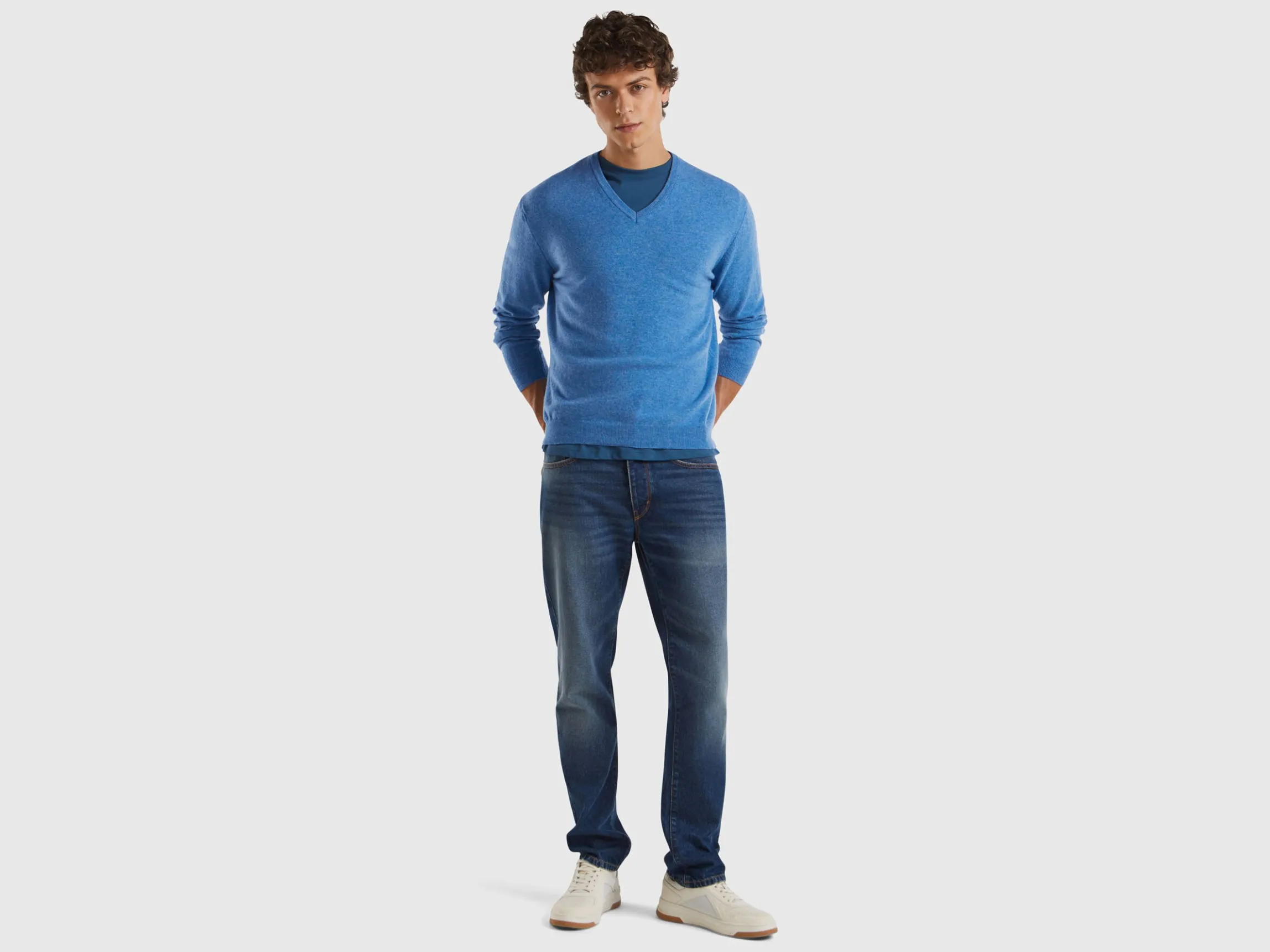 Marl blue V-neck sweater in pure Merino Wool