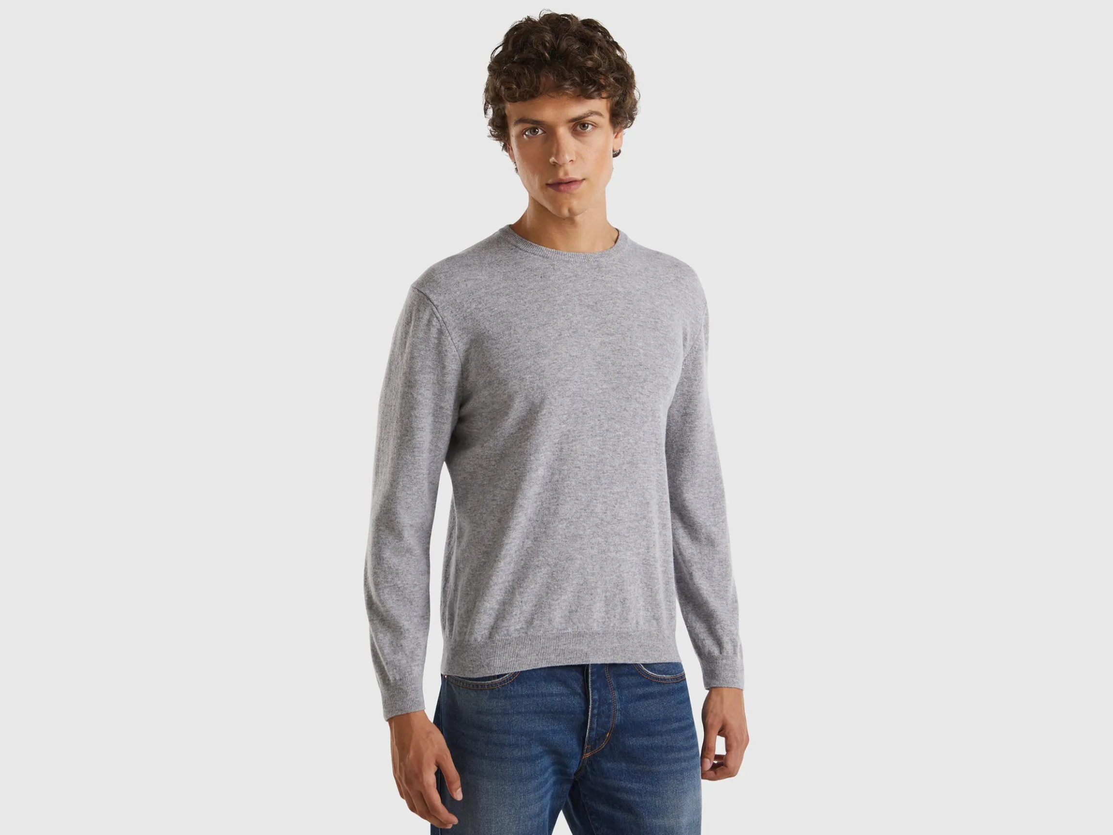 Marl gray crew neck sweater in pure Merino wool