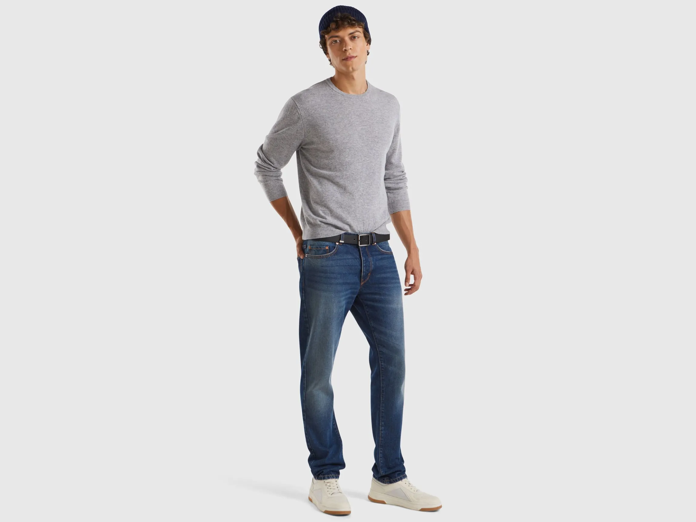 Marl gray crew neck sweater in pure Merino wool