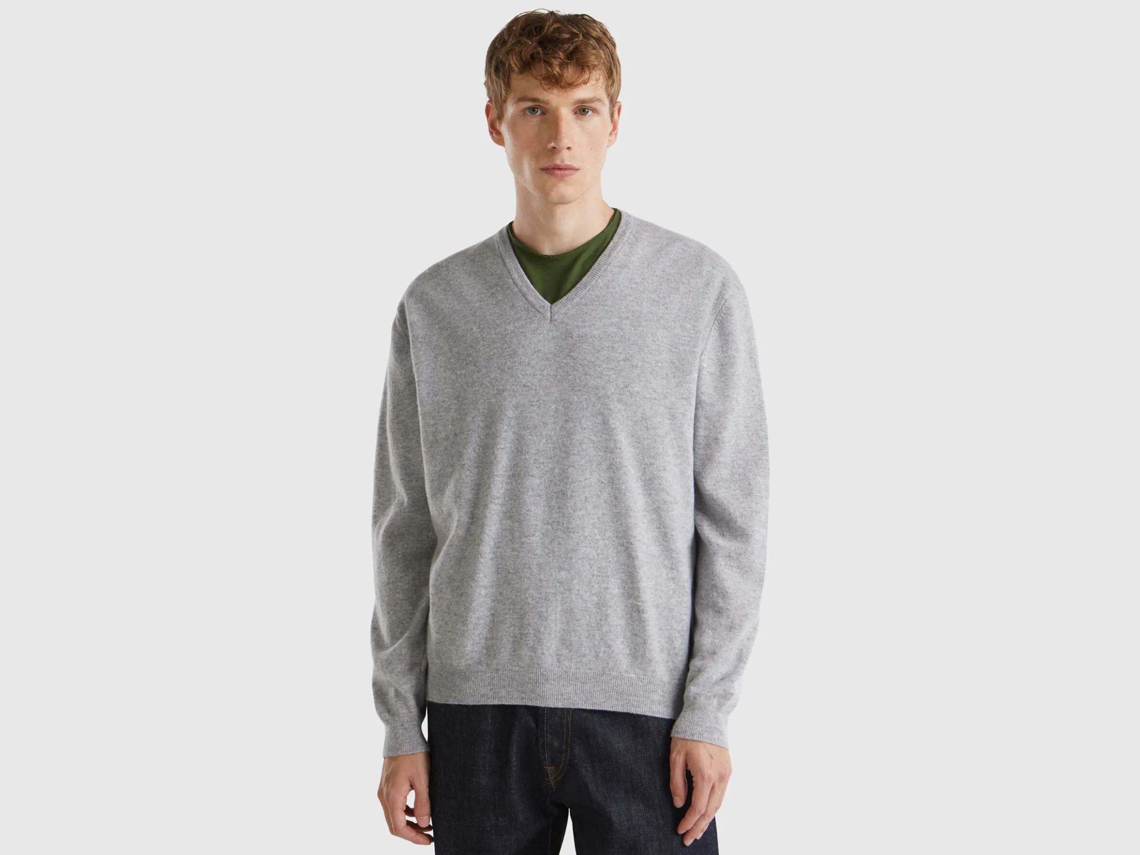Marl gray V-neck sweater in pure Merino wool