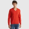Marl orange V-neck sweater in pure Merino wool