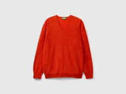 Marl orange V-neck sweater in pure Merino wool