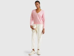 Marl pink V-neck sweater in pure Merino wool
