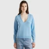 Marl sky blue V-neck sweater in pure Merino wool