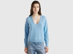 Marl sky blue V-neck sweater in pure Merino wool