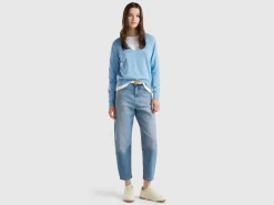 Marl sky blue V-neck sweater in pure Merino wool