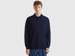 Midnight blue polo in pure Merino wool
