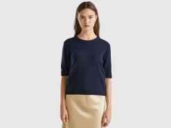 Midnight blue short sleeve sweater in pure Merino wool