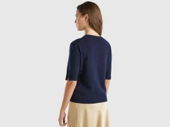 Midnight blue short sleeve sweater in pure Merino wool
