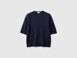 Midnight blue short sleeve sweater in pure Merino wool