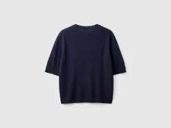 Midnight blue short sleeve sweater in pure Merino wool