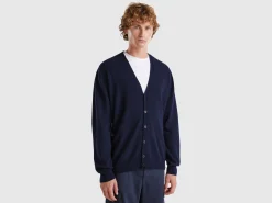 Midnight blue V-neck cardigan in pure Merino wool