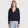Midnight blue V-neck sweater in pure Merino wool
