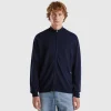 Midnight blue zip-up cardigan in pure Merino wool