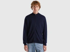 Midnight blue zip-up cardigan in pure Merino wool