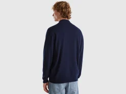 Midnight blue zip-up cardigan in pure Merino wool