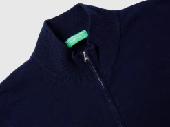 Midnight blue zip-up cardigan in pure Merino wool