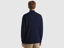 Midnight blue zip-up sweater in 100% Merino wool