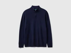 Midnight blue zip-up sweater in 100% Merino wool