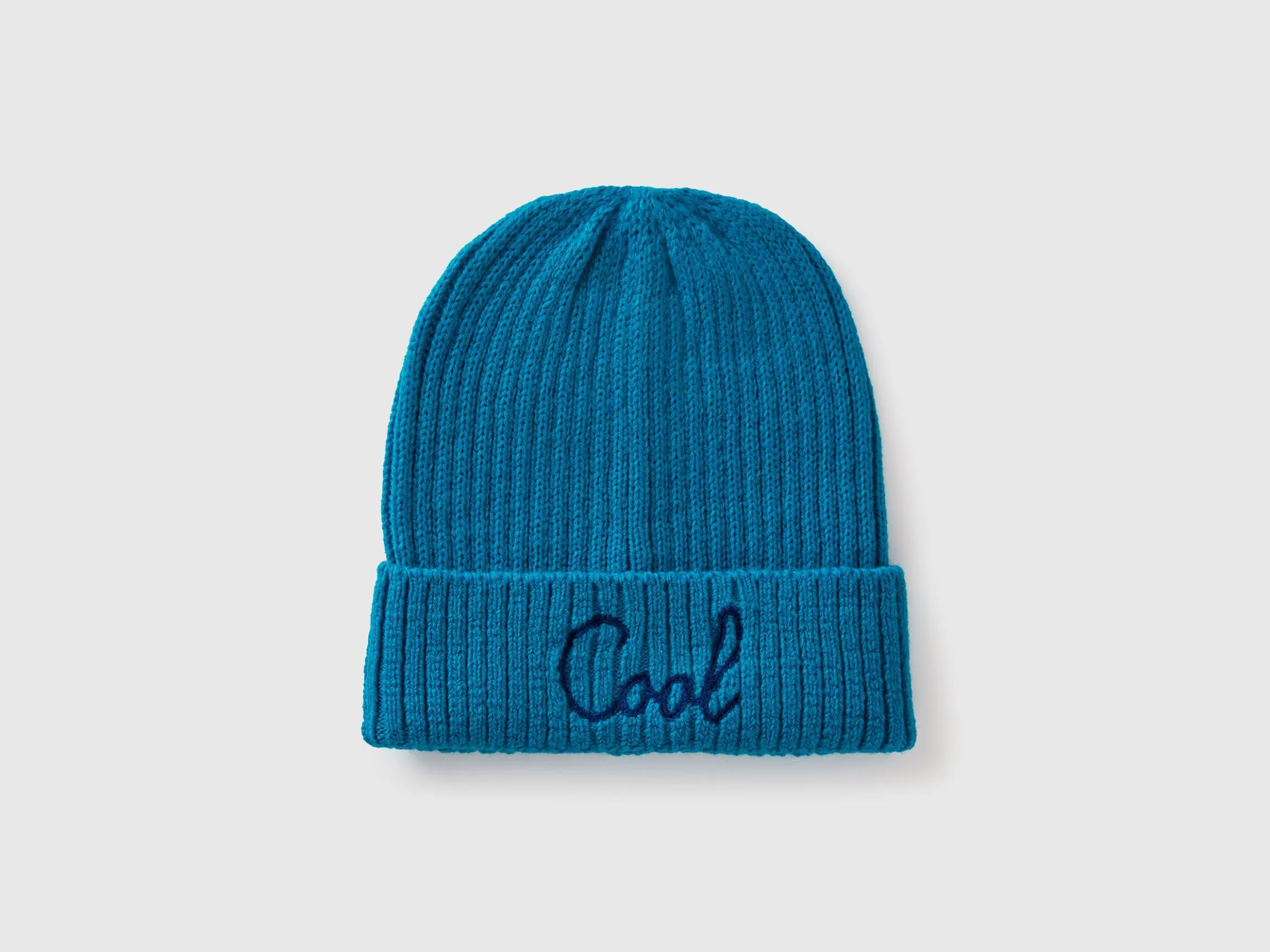 Neon light blue beanie with embroidery