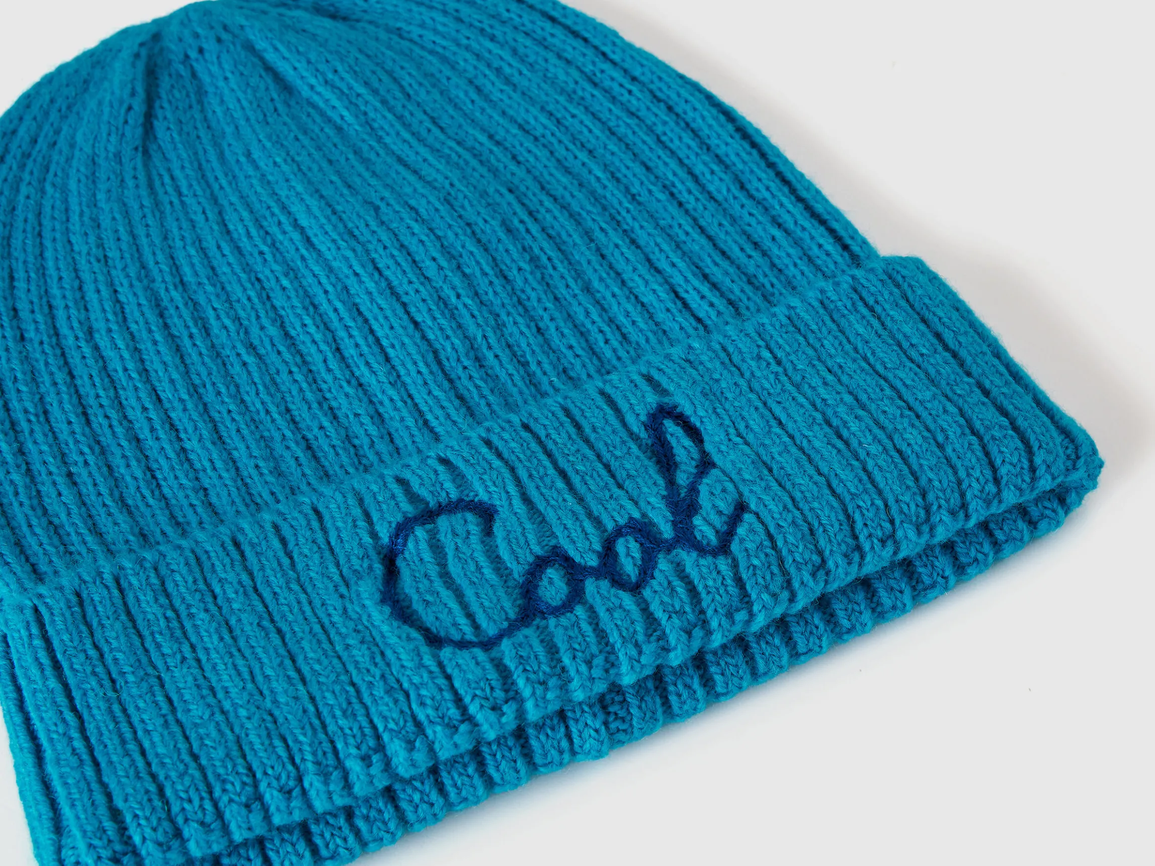 Neon light blue beanie with embroidery