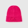 Neon pink beanie with embroidery