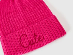 Neon pink beanie with embroidery