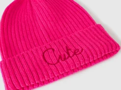 Neon pink beanie with embroidery