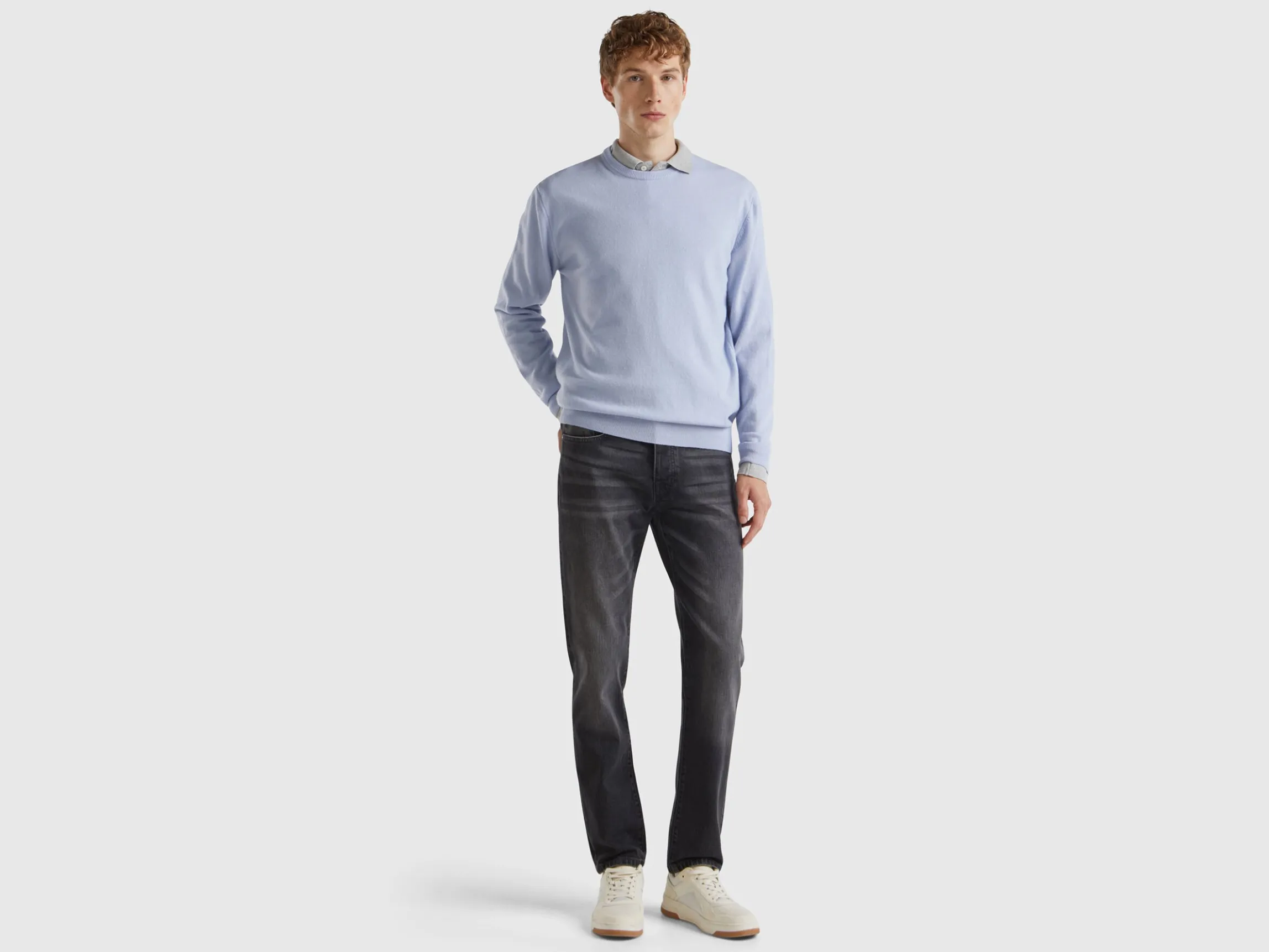 Ocean blue crew neck sweater in pure Merino wool