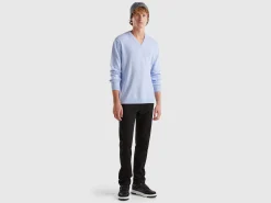 Ocean blue V-neck sweater pure Merino wool