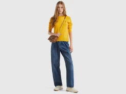 Ochre yellow crew neck sweater in pure Merino wool