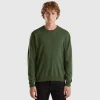 Olive green crew neck sweater in pure Merino wool