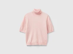 Pastel pink short sleeve turtleneck in cashmere blend