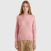Pink crew neck sweater in pure Merino wool