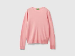 Pink crew neck sweater in pure Merino wool