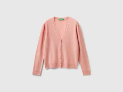 Pink V-neck cardigan in pure Merino wool