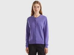 Purple crew neck cardigan in pure Merino wool