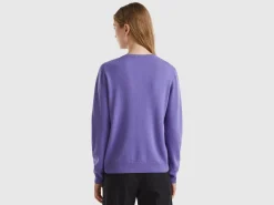 Purple crew neck cardigan in pure Merino wool