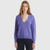 Purple V-neck sweater in pure Merino wool