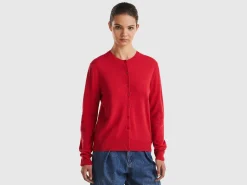 Red plum crew neck cardigan in pure Merino wool