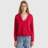 Red plum V-neck sweater in pure Merino wool