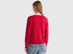 Red plum V-neck sweater in pure Merino wool