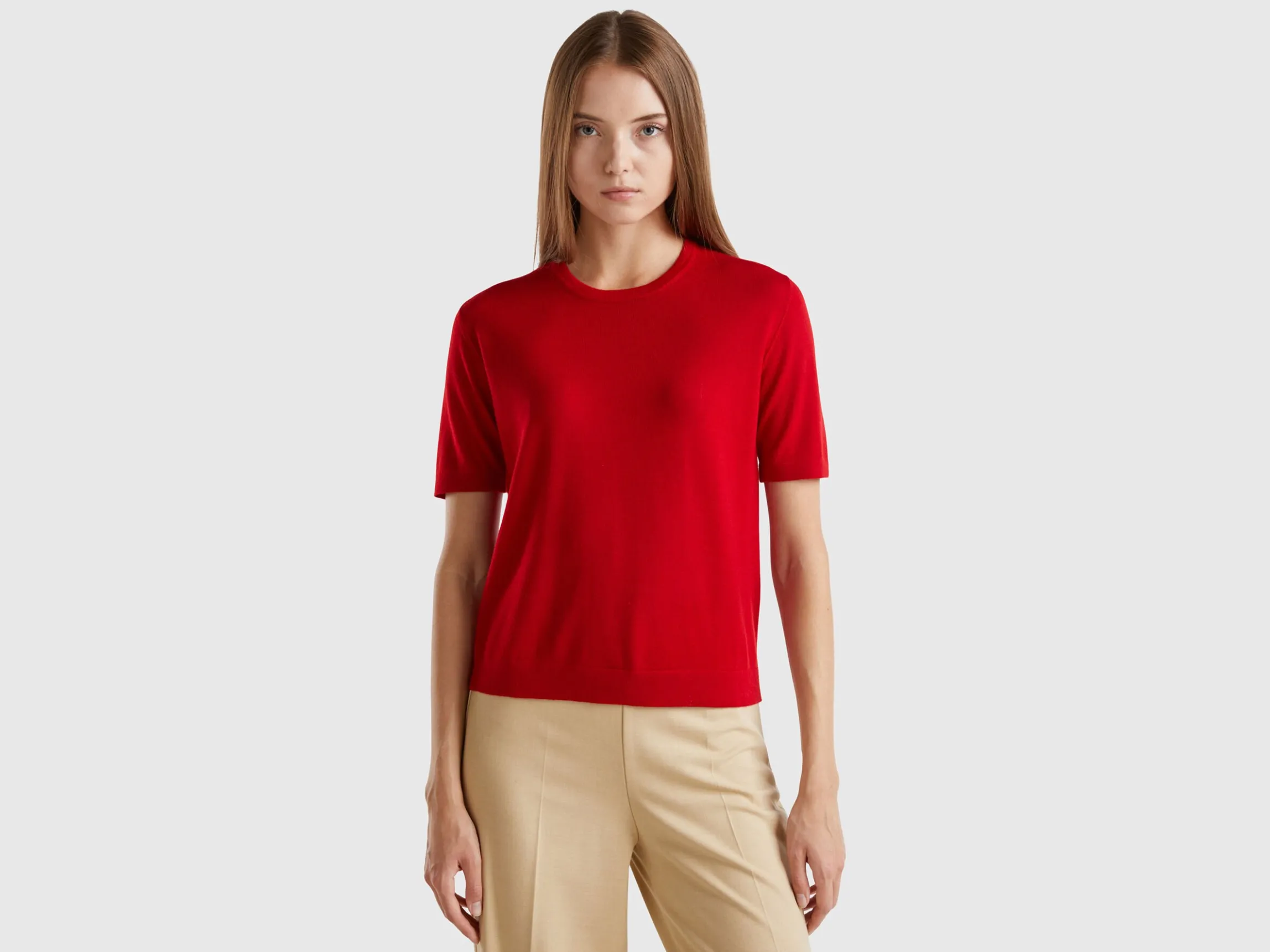 Short sleeve sweater in pure Merino wool