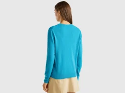 Turquoise crew neck cardigan in pure Merino wool
